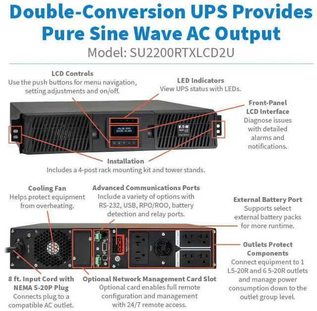 Alt view image 11 of 11 - Tripp Lite series SmartOnline 2000VA 1800W 120V Double-Conversion Sine Wave UPS - 7 Outlets, Extended Run, Network Card Option, LCD, USB, DB9, 2U Rack/Tower (SU220RTXLCD2U)