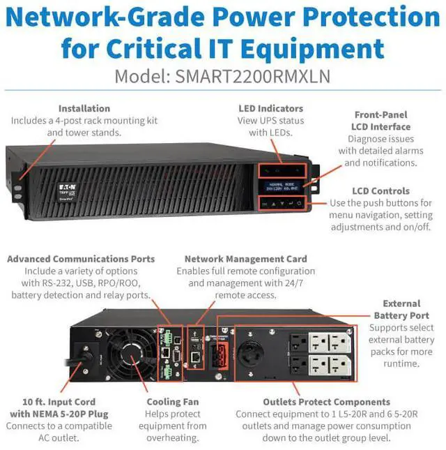 Alt view image 9 of 9 - Tripp Lite series SmartPro 1950VA 1950W 120V Line-Interactive Sine Wave UPS - 7 Outlets, Extended Run, Network Card Included, LCD, USB, DB9, ENERGY STAR V2.0, 2U Rack/Tower (SMART2200RMXLN)