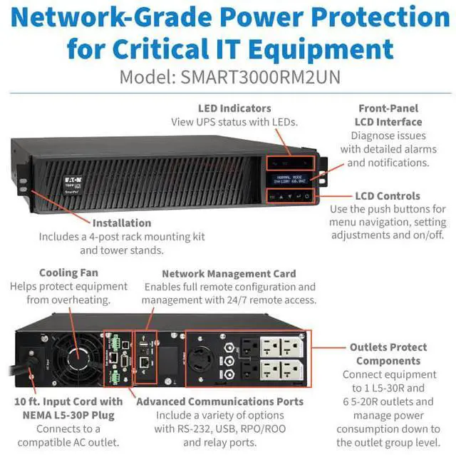 Alt view image 11 of 11 - Tripp Lite series SmartPro 3000VA 3000W 120V Line-Interactive Sine Wave UPS - 7 Outlets, Network Card Included, LCD, USB, DB9, 2U Rack/Tower (SMART3000RM2UN)