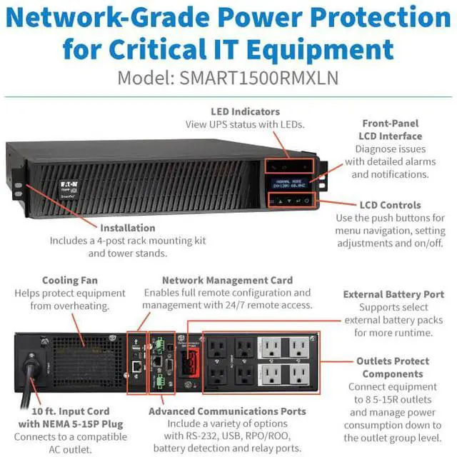 Alt view image 7 of 7 - Tripp Lite series SmartPro 1440VA 1440W 120V Line-Interactive Sine Wave UPS - 8 Outlets, Extended Run, Network Card Included, LCD, USB, DB9, 2U Rack/Tower (SMART1500RMXLN)