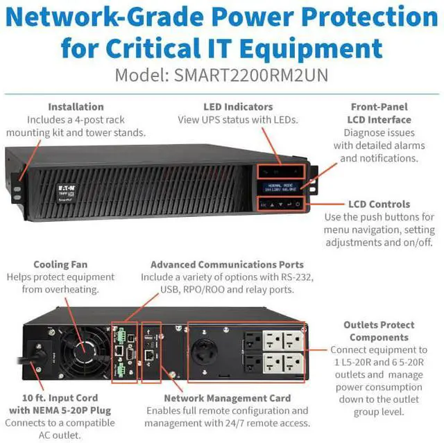 Alt view image 10 of 10 - Tripp Lite series SmartPro 1950VA 1950W 120V Line-Interactive Sine Wave UPS - 7 Outlets, Extended Run, Network Card Included, LCD, USB, DB9, 2U Rack/Tower (SMART2200RM2UN)
