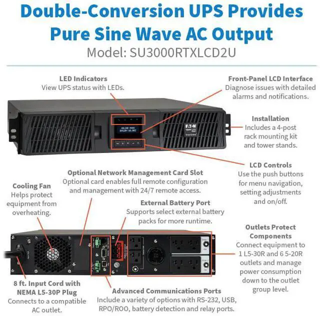 Alt view image 11 of 11 - Tripp Lite series SmartOnline 3000VA 2700W 120V Double-Conversion UPS - 7 Outlets, Extended Run, Network Card Option, LCD, USB, DB9, 2U Rack/Tower (SU3000RTXLCD2U)