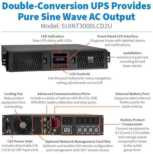 Alt view image 11 of 11 - Tripp Lite series SmartOnline 3000VA 2700W 208/230V Double-Conversion UPS - 10 Outlets, Extended Run, Network Card Option, LCD, USB, DB9, 2U Rack/Tower (SUINT3000LCD2U)