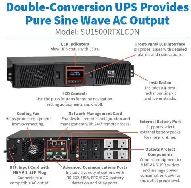 Alt view image 10 of 10 - Tripp Lite series SmartOnline 1500VA 1350W 120V Double-Conversion UPS - 8 Outlets, Extended Run, Network Card Included, LCD, USB, DB9, 2U Rack/Tower (SU1500RTXLCDN)