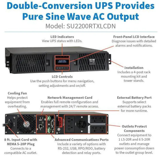 Alt view image 11 of 11 - Tripp Lite series SmartOnline 2000VA 1800W 120V Double-Conversion UPS - 7 Outlets, Extended Run, Network Card Included, LCD, USB, DB9, 2U Rack/Tower (SU2200RTXLCDN)