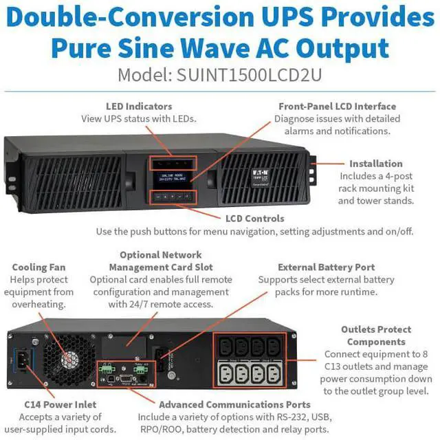 Alt view image 10 of 10 - Tripp Lite series SmartOnline 1500VA 1350W 208/230V Double-Conversion UPS - 8 Outlets, Extended Run, Network Card Option, LCD, USB, DB9, 2U Rack/Tower (SUINT1500LCD2U)
