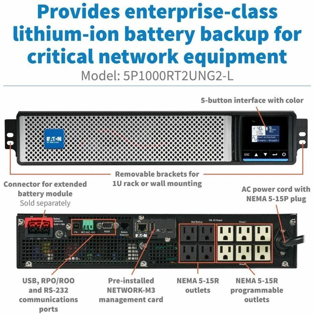 Alt view image 5 of 5 - Eaton 5P G2 1000VA 920W 120V Line-Interactive UPS - 10 NEMA 5-15R Outlets - Lithium-Ion Battery - Pre-Installed Cybersecure Network Card - 2U - 5P1000RT2UNG2-L