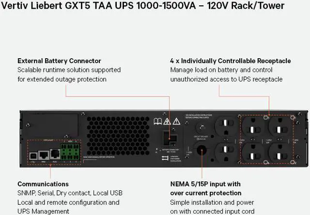 Alt view image 4 of 4 - Vertiv Liebert GXT5-1500LVRT2UXLTAA GXT5 TAA UPS - 1500VA/1350W 120V Online 2U Rack/Tower UPS - Double Conversion | 0.9 Output Power Factor | Energy Star 2.0 certified with NEMA 5-15P plug