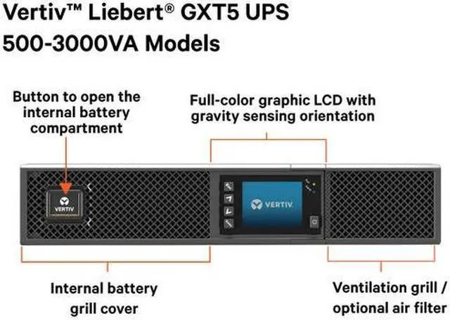 Alt view image 3 of 4 - Vertiv Liebert GXT5-1500LVRT2UXLTAAN GXT5 TAA UPS with RDU101 Card - 1500VA/1350W 120V Rack/Tower - 2U | Double Conversion | 0.9 Output Power Factor | Energy Star 2.0 certified with NEMA 5-15P plug