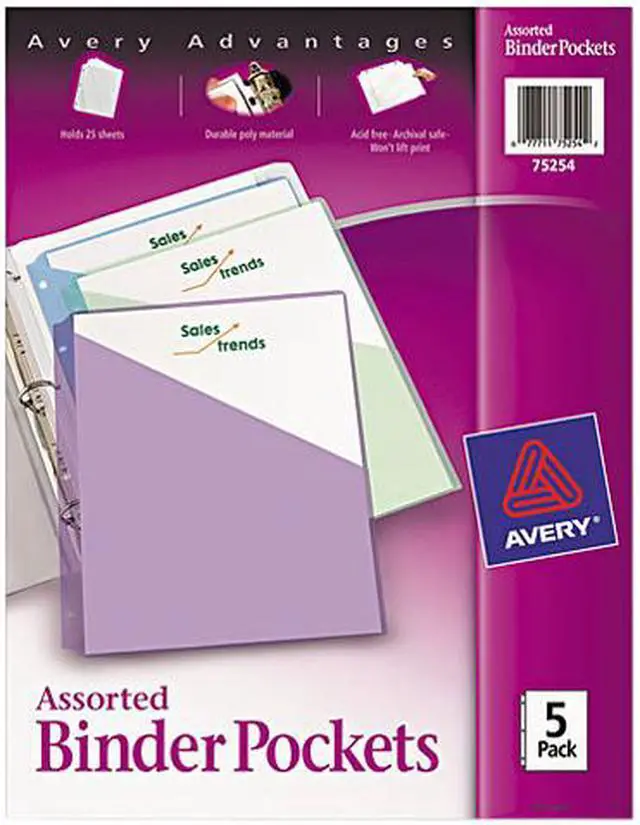 Main image of Avery 75254 Ring Binder Polypropylene Pockets, 8-1/2 x 11, Assorted Colors, 5 Pockets/Pack