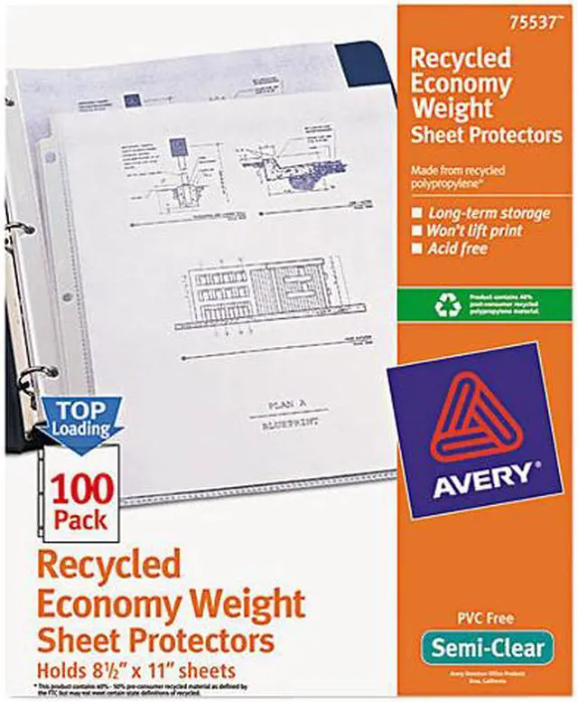 Main image of Avery 75537 Top-Load Recycled Polypropylene Sheet Protector, Semi-Clear, 100/Box
