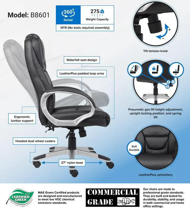 Alt view image 3 of 3 - Boss Office Products Boss Black Upholstered with LeatherPlus Executive Chair B8601