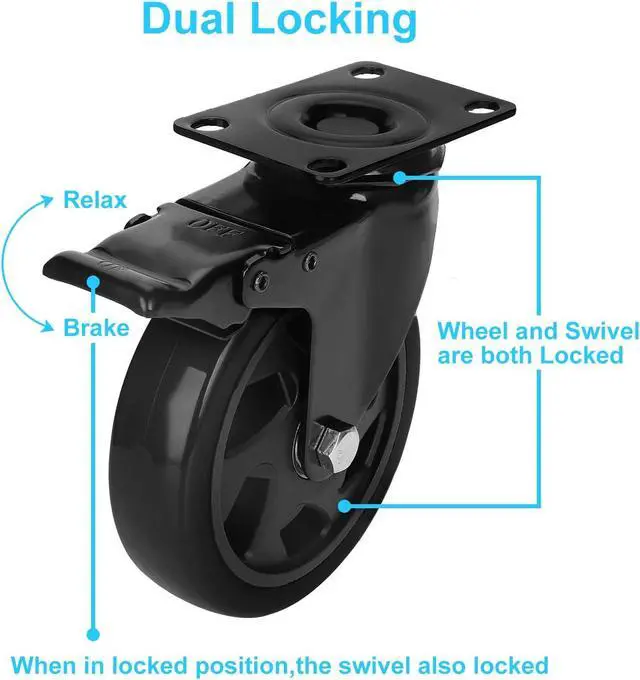 Alt view image 5 of 6 - Nippon Labs 4 Inch Swivel Caster Wheels with 2 Brakes + Screws, No Noise Wheels, Heavy Duty - 300 lbs. Per Caster Black (Pack of 4)