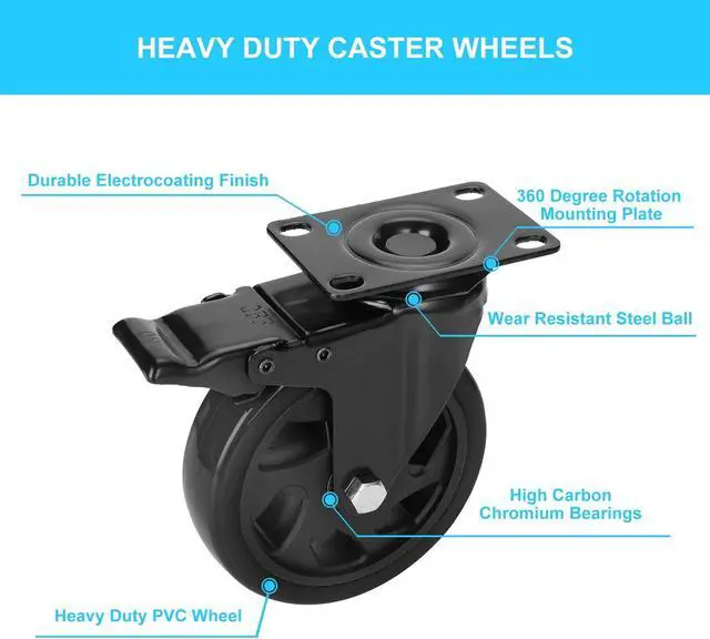 Alt view image 6 of 6 - Nippon Labs 4 Inch Swivel Caster Wheels with 2 Brakes + Screws, No Noise Wheels, Heavy Duty - 300 lbs. Per Caster Black (Pack of 4)