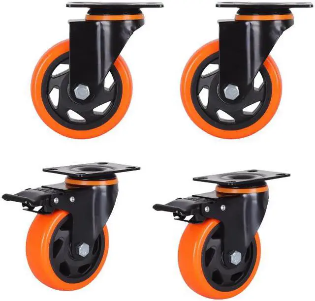 Alt view image 3 of 6 - Nippon Labs 4 Inch Swivel Caster Wheels with 2 Brakes + Screws, No Noise Wheels, Heavy Duty - 300 Lbs Per Caster Orange (Pack of 4)