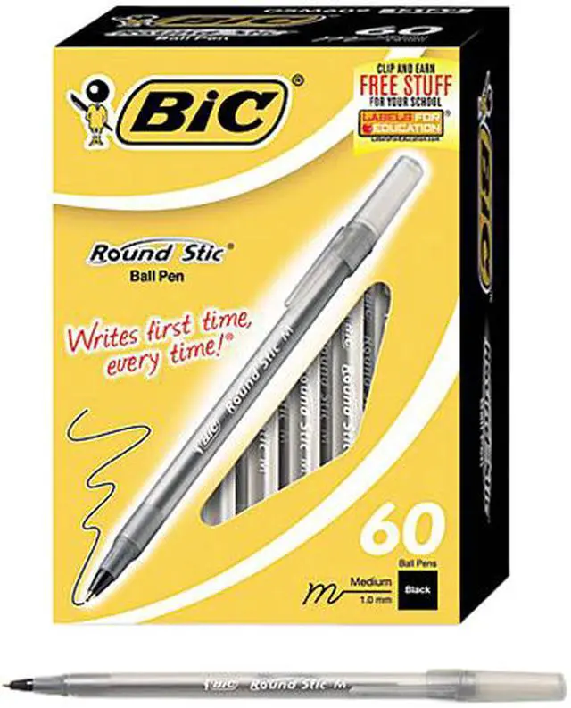 Main image of BIC BICGSM609BK Round Stic Xtra Life Ballpoint, Black Ink, 1mm, Medium, 60/Box