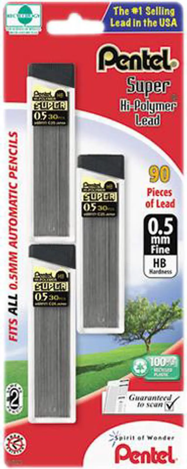Main image of Pentel C25BPHB3-K6 Super Hi-Polymer Lead Refills, 0.5mm, HB, Black, 90 Leads/Pack