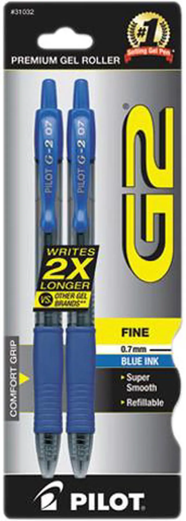 Main image of Pilot 31032 G2 Gel Roller Ball Pen, Retractable, Blue Ink, 0.7mm Fine, 2 per Pack