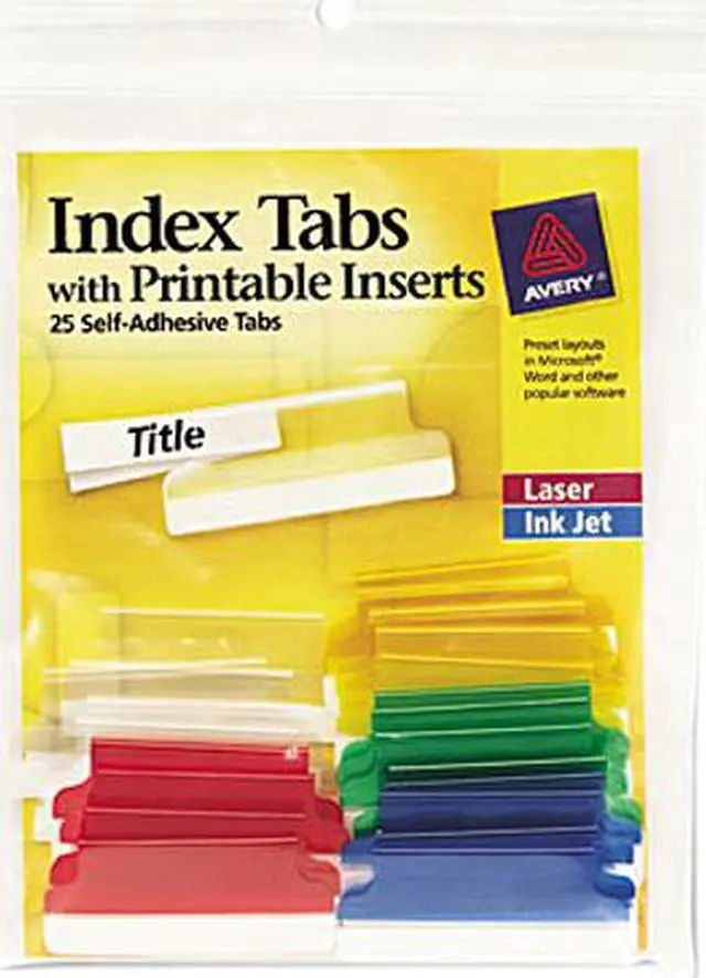 Main image of Avery 16228 Self-Adhesive Tabs, Printable Inserts, 1 1/2 Inch, Assorted Tab, White, 25/Pack