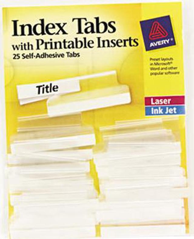 Avery 16230 Self-Adhesive Tabs with Printable Inserts, 1 1/2 Inch, Clear  Tab, White 25/Pack 