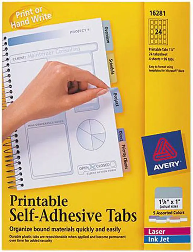 Main image of Avery 16281 Printable Repositionable Plastic Tabs, 1 1/4 Inch, Assorted, 96/Pack