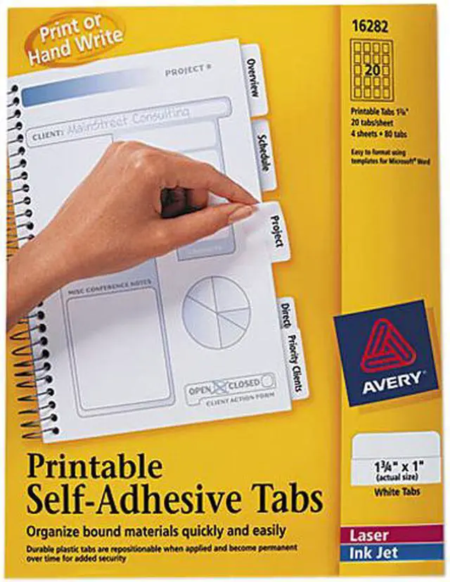 Main image of Avery 16282 Printable Repositionable Plastic Tabs, 1 3/4 Inch, White, 80/Pack