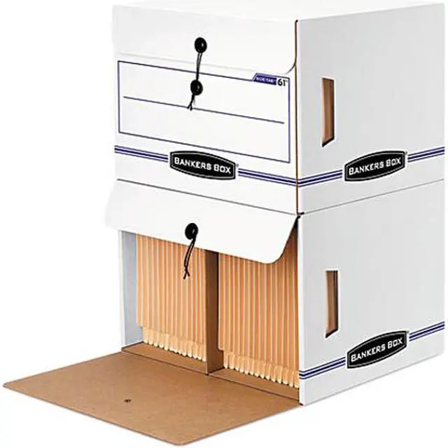 Main image of Bankers Box 00061 Side-Tab File Storage Box, Letter, 15-1/4 x 13-1/2 x 10-3/4, White/Blue, 12/Ctn