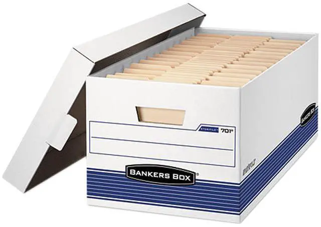 Main image of Bankers Box 0070205 Stor/File Storage Box, Legal, Locking Lid, White/Blue, 4/Carton
