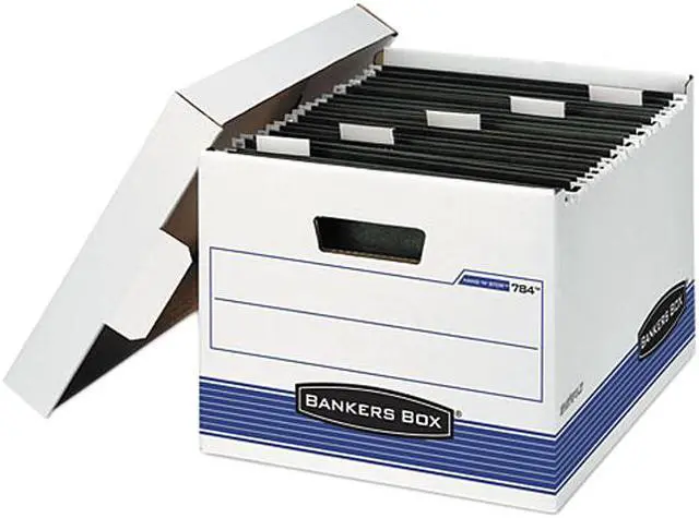 Main image of Bankers Box 00784 Hang 'N' Stor Storage Box, Letter, Lift-off Lid, White/Blue, 4/Carton