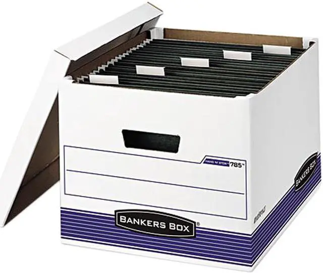 Main image of Bankers Box 00785 Hang 'N' Stor Storage Box, Legal/Letter, Lift-off Lid, White/Blue, 4/Carton