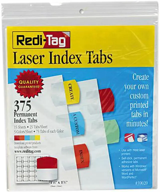 Main image of Redi-Tag 39020 Laser Printable Index Tabs, 1 1/8 x 1 1/4, 5 Colors, 375/Pack