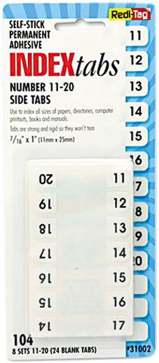 Main image of Redi-Tag 31002 Side-Mount Self-Stick Plastic Index Tabs Nos 11-20, 1in, White, 104/Pack