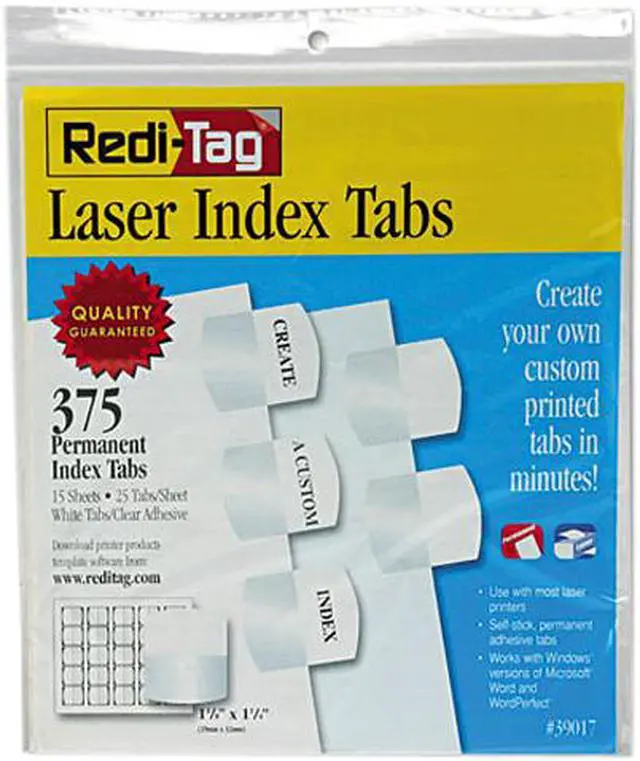 Main image of Redi-Tag 39017 Laser Printable Index Tabs, 1 1/8 x 1 1/4, White, 375/Pack
