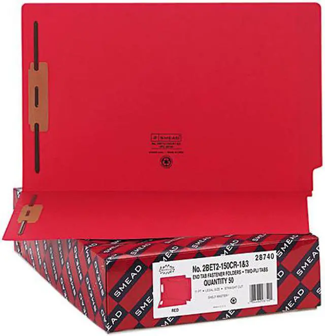 Main image of Smead 28740 Two-Inch Capacity Fastener Folders, Straight Tab, Legal, Red, 50/Box