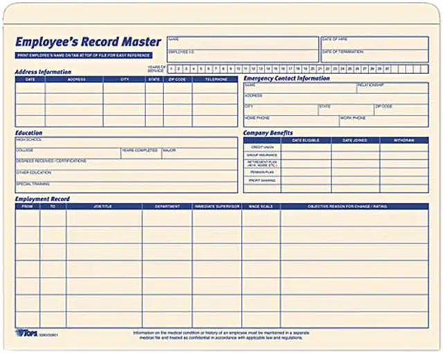 Main image of Tops 3280 Employee Record Master File Jacket, 9 1/2 x 11 3/4, 10 Point Manila, 20/Pack