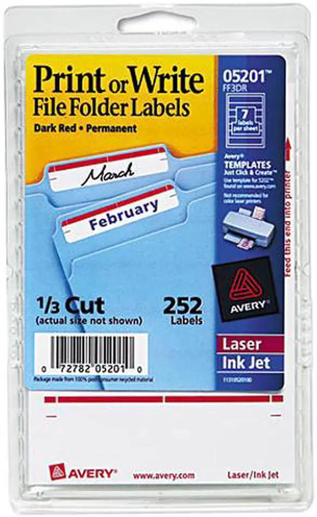 Main image of Avery 05201 Print or Write File Folder Labels, 11/16 x 3-7/16, White/Dark Red Bar, 252/Pack