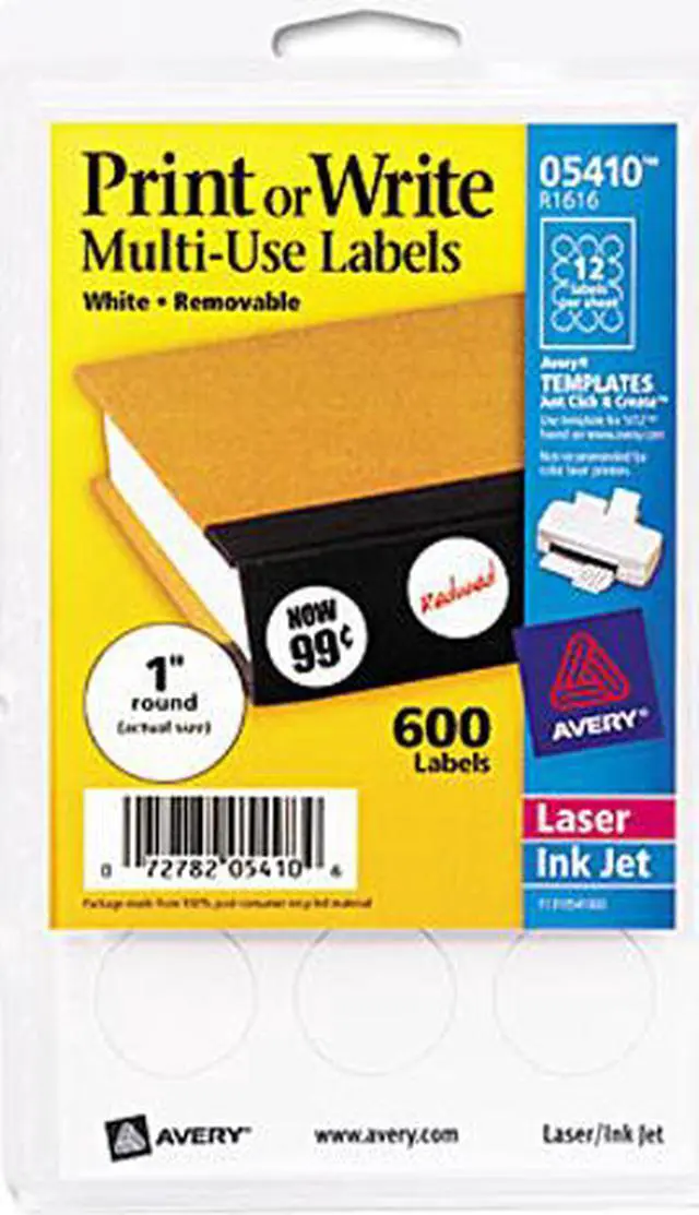 Main image of Avery 05410 Print or Write Removable Multi-Use Labels, 1in dia, White, 600/Pack