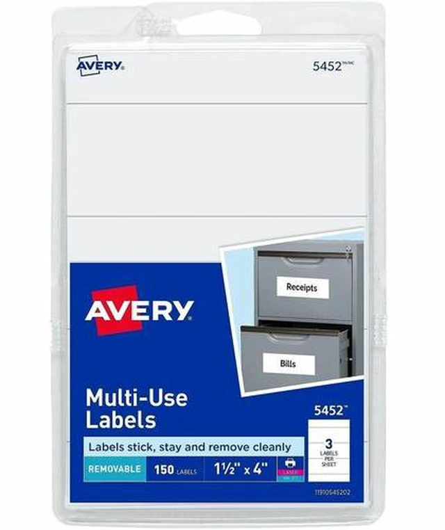 Main image of Avery 05452 Print or Write Removable Multi-Use Labels - 4" Width x 1 1/2" Length - Removable Adhesive - Rectangle - Laser, Inkjet - White - 150 / Pack