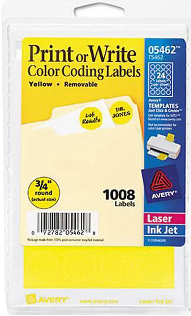 Main image of Avery 05462 Print or Write Removable Color-Coding Labels, 3/4in dia, Yellow, 1008/Pack