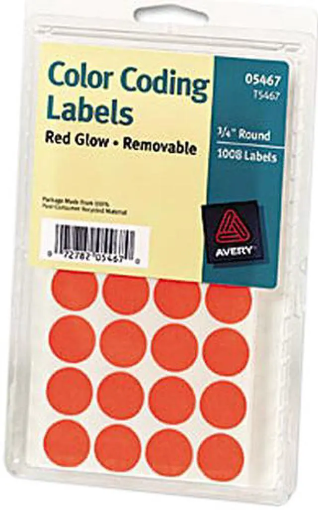 Main image of Avery 05467 Print or Write Removable Color-Coding Labels, 3/4in dia, Neon Red, 1008/Pack