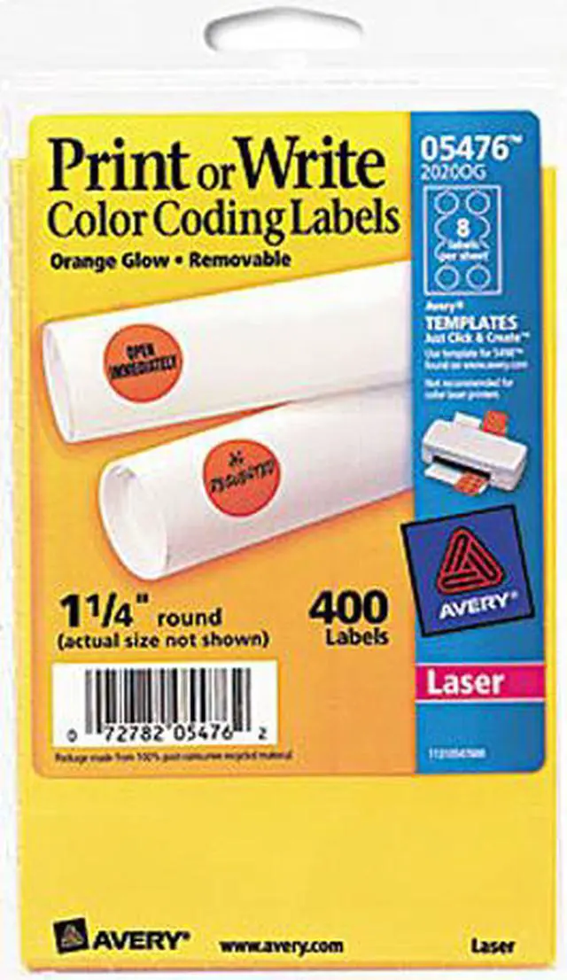 Main image of Avery 05476 Print or Write Removable Color-Coding Labels, 1-1/4in dia, Neon Orange, 400/Pack