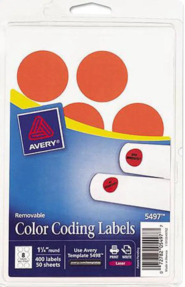 Main image of Avery 05497 Print or Write Removable Color-Coding Labels, 1-1/4in dia, Neon Red, 400/Pack