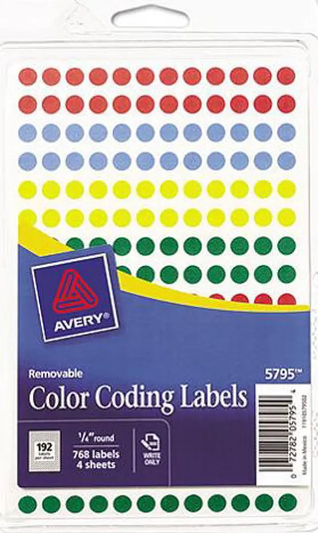 Main image of Avery 05795 Removable Self-Adhesive Color-Coding Labels, 1/4in dia, Assorted, 768/Pack