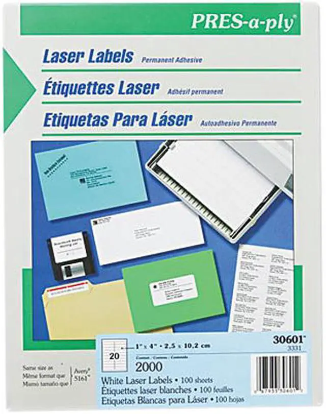 Main image of Avery 30601 Pres-A-Ply Laser Address Labels, 1 x 4, White, 2000/Box