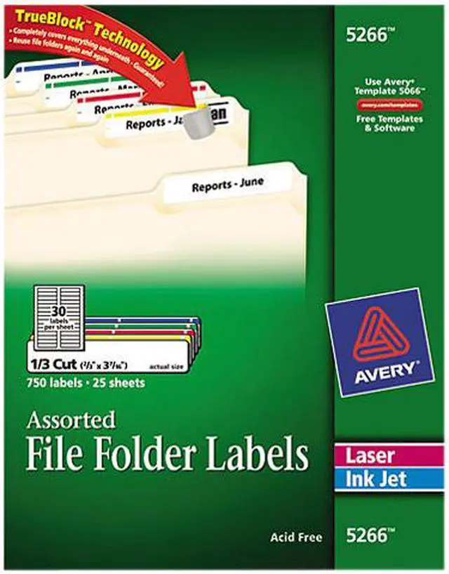 Main image of Avery 5266 Permanent Adhesive Laser/Inkjet File Folder Labels, Assorted, 750/Pack