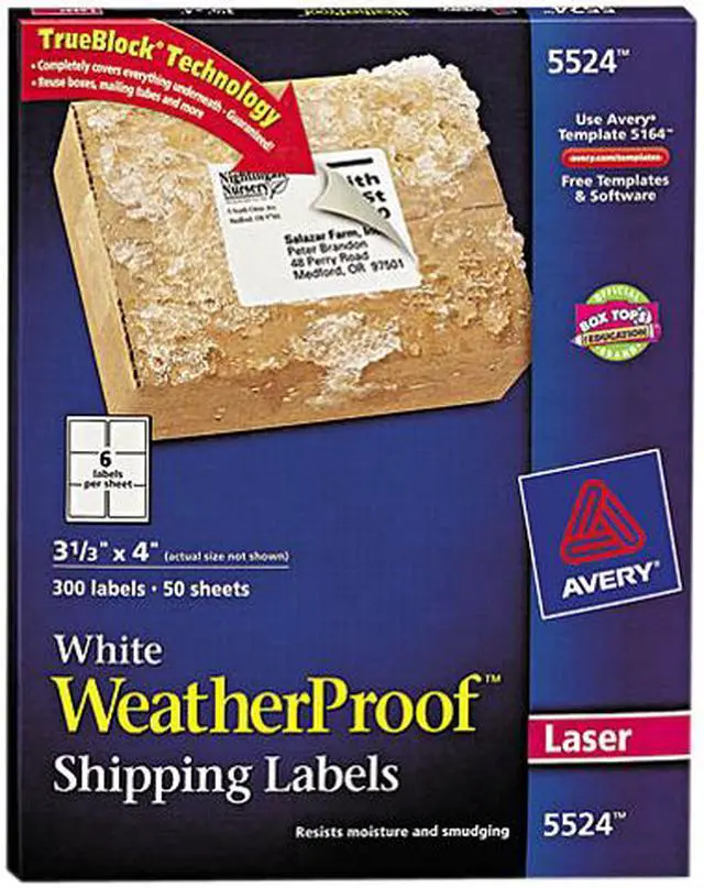 Main image of Avery WeatherProof Mailing Labels, TrueBlock Technology, Permanent Adhesive, 3-1/3" x 4", 300 Labels (5524)