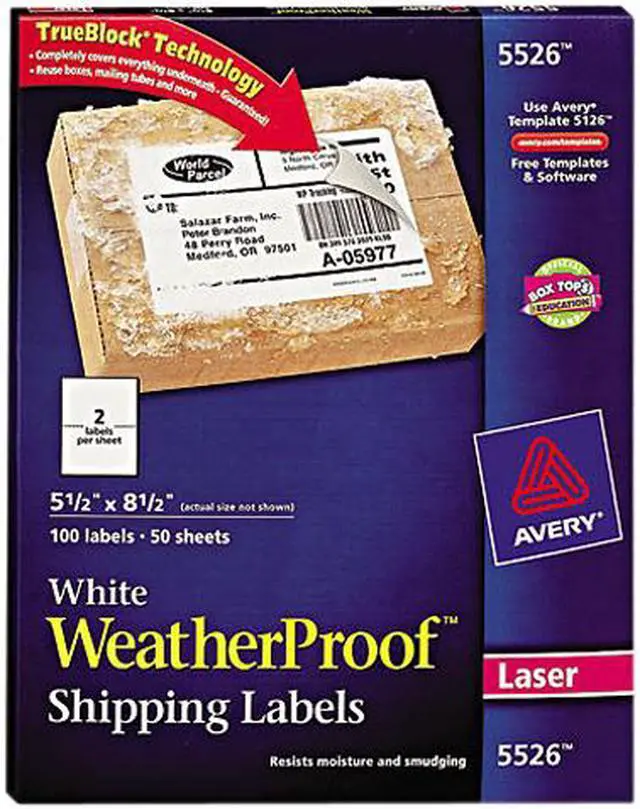 Main image of Avery WeatherProof Mailing Labels, TrueBlock Technology, Permanent Adhesive, 5-1/2" x 8-1/2", 100 Labels (5526)