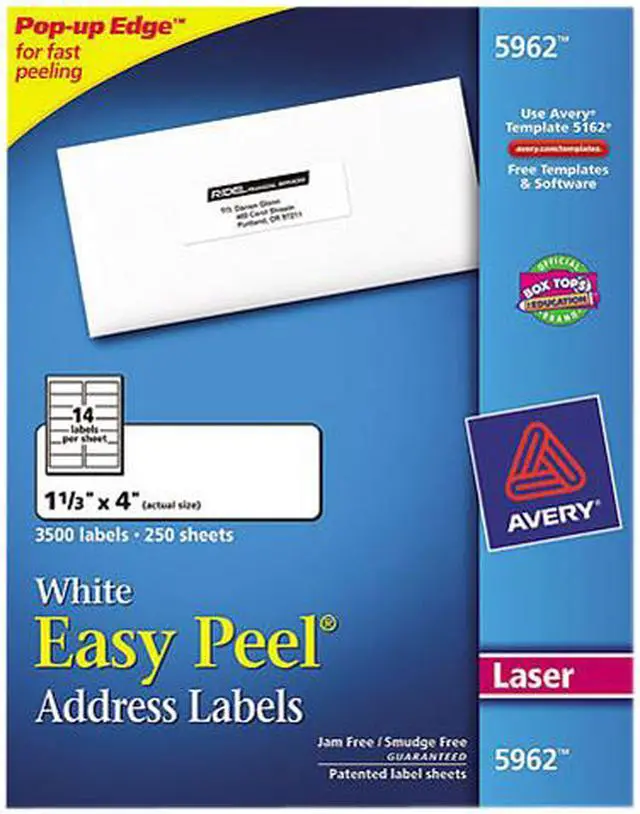 Main image of Avery Easy Peel Address Labels, Sure Feed Technology, Permanent Adhesive, 1-1/3" x 4", 3,500 Labels (5962)