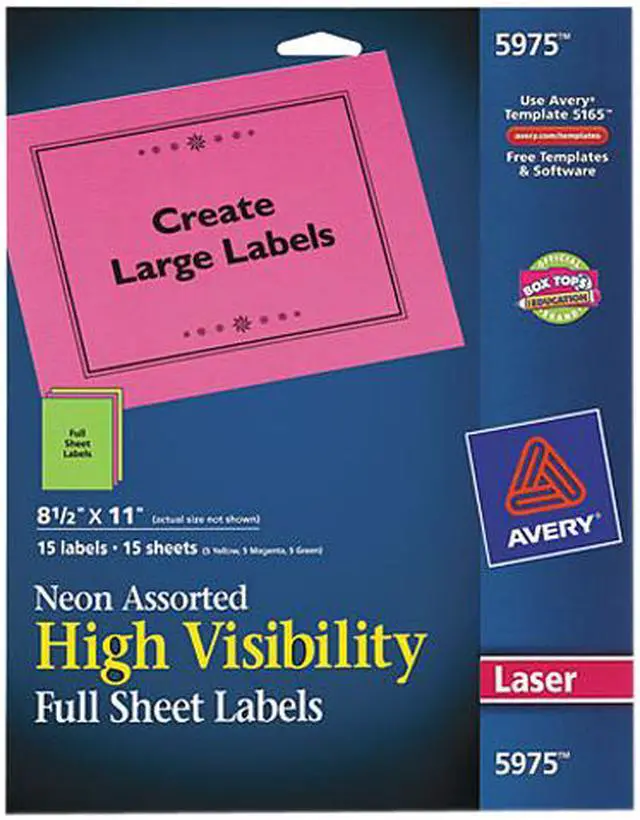 Main image of Avery High-Visibility Labels, Permanent Adhesive, Assorted Neon Colors, 8-1/2" x 11", 15 Labels (5975)
