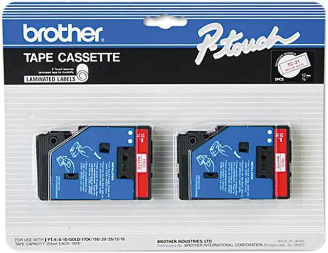 Main image of Brother P-Touch BRTTC21 TC Tape Cartridges for P-Touch Labelers, 1/2"w, Red on White, 2/Pack